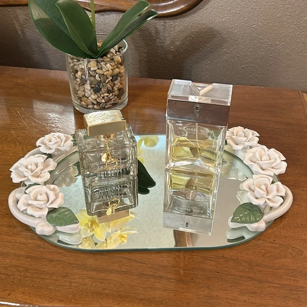 Vintage white floral mirrored tray